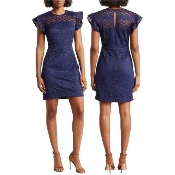Trina Turk Mai Tai Navy Lace Flutter Sleeve Mini Dress Size 10 NWT - Picture 2 of 9